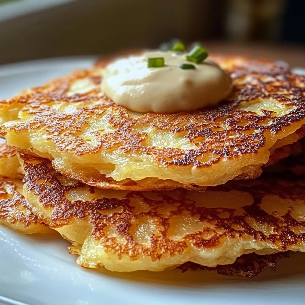 Golden brown German potato pancakes with crispy edges garnished with fresh herbs and sour cream