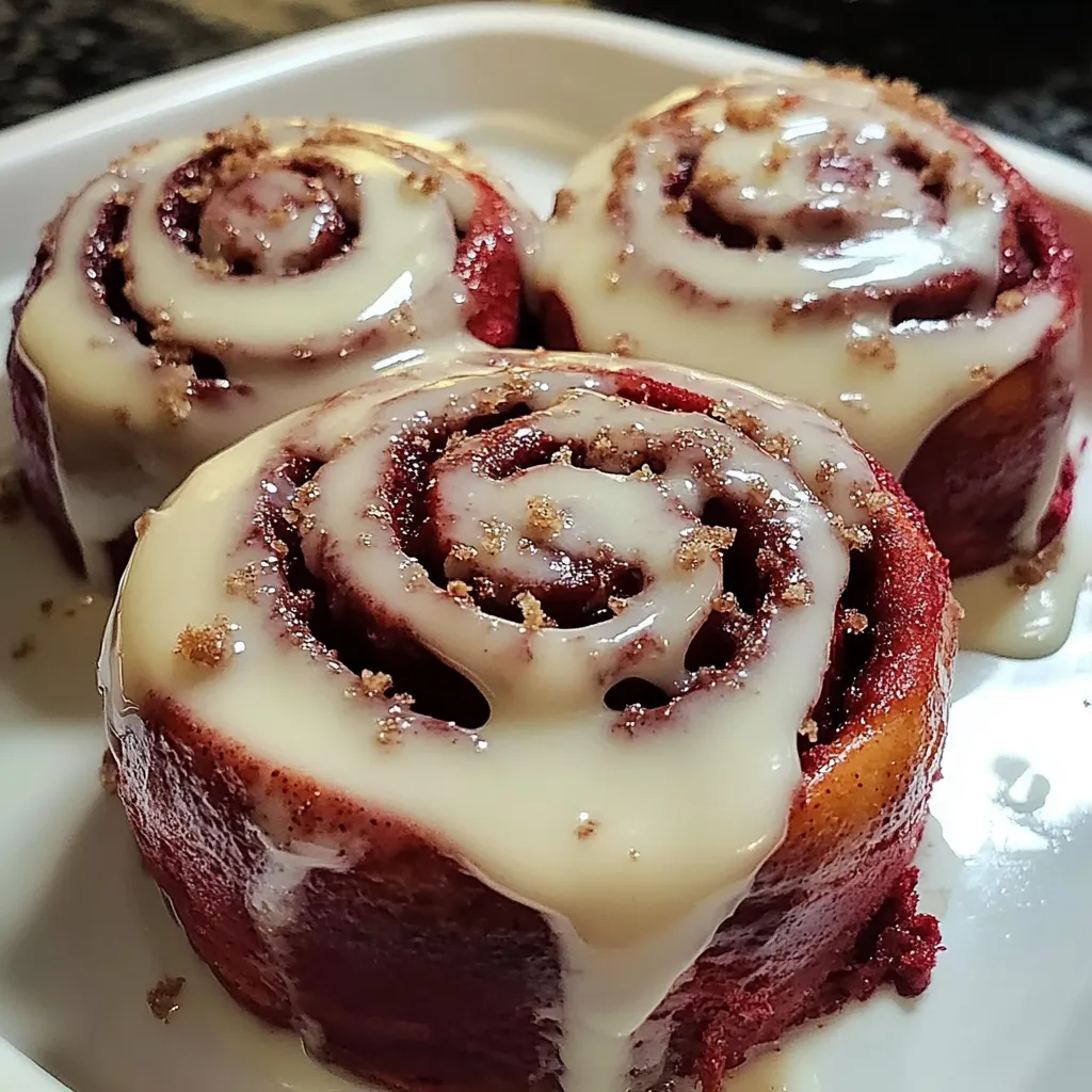 Close up of homemade red velvet cinnamon rolls with cream cheese glaze dripping down the sides