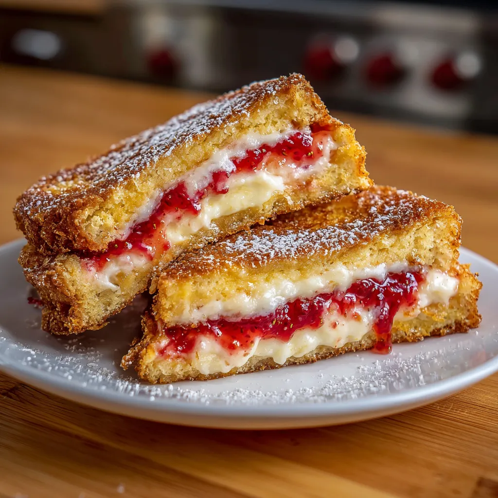 Crispy golden brown dessert sandwich with cream cheese and strawberry jam filling dusted with powdered sugar