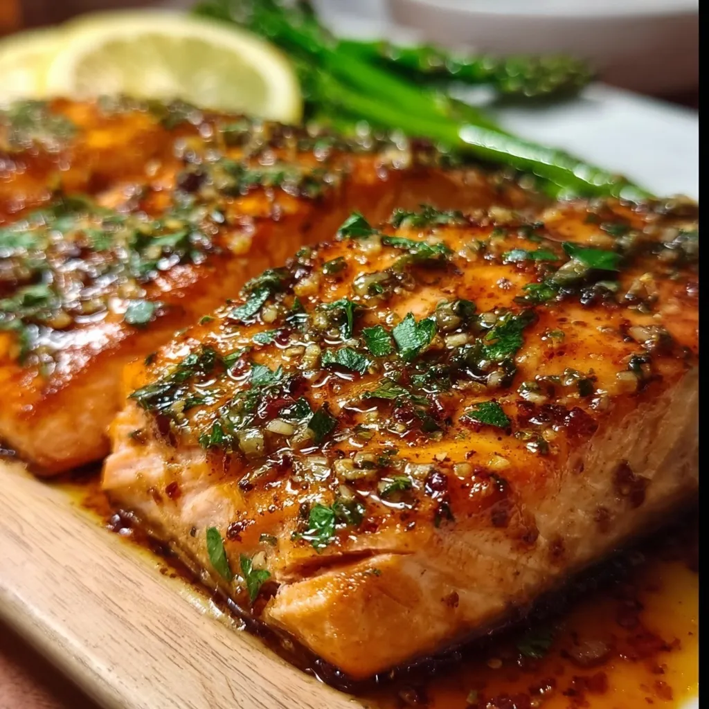 Golden glazed Texas Roadhouse style baked salmon fillets with caramelized edges and fresh herbs