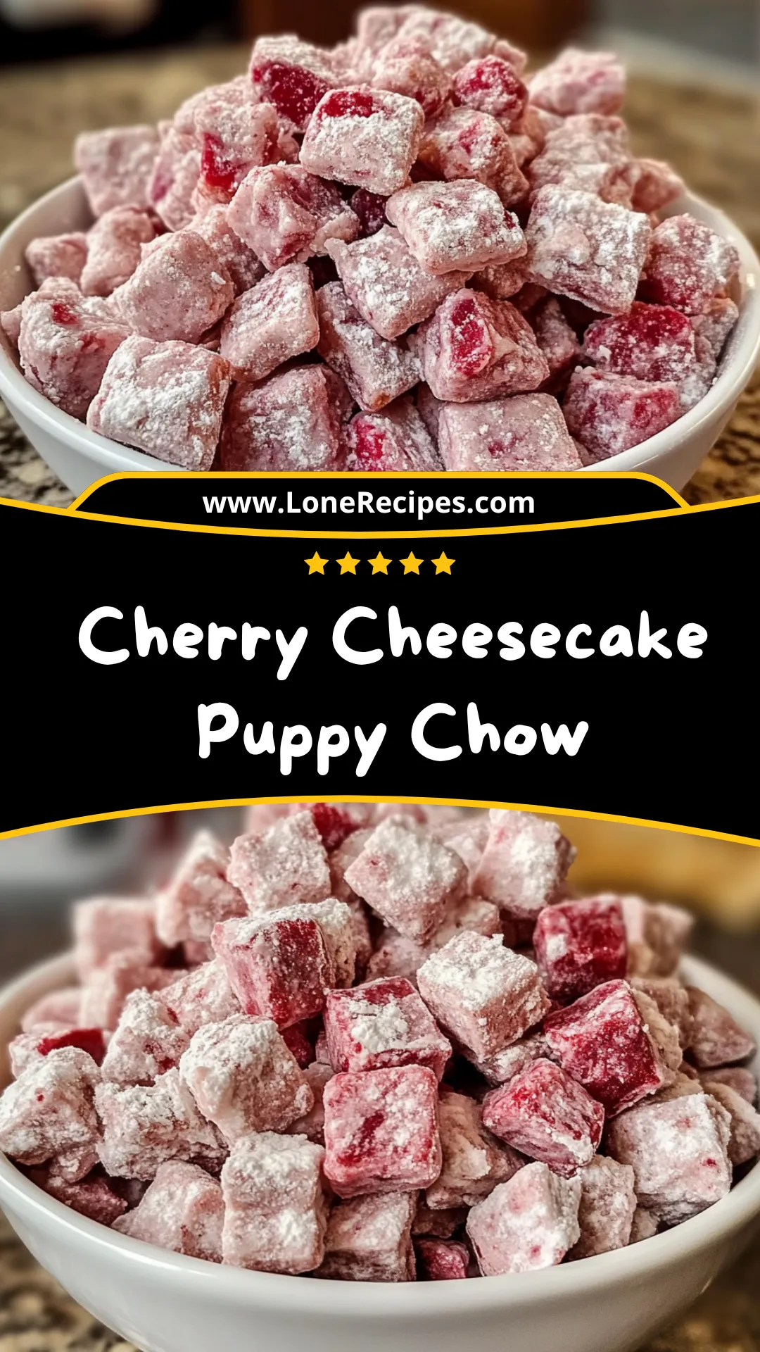 Homemade cherry cheesecake puppy chow treats dusted with powdered sugar on kitchen counter