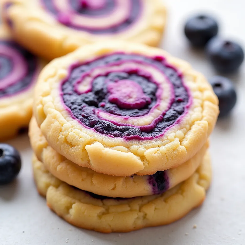 Vibrant purple-blue swirled cookies with fresh blueberries nearby, showcasing the perfect spiral pattern
