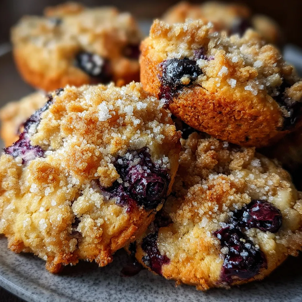 Golden brown blueberry cookies with crumbly streusel topping and white glaze drizzle