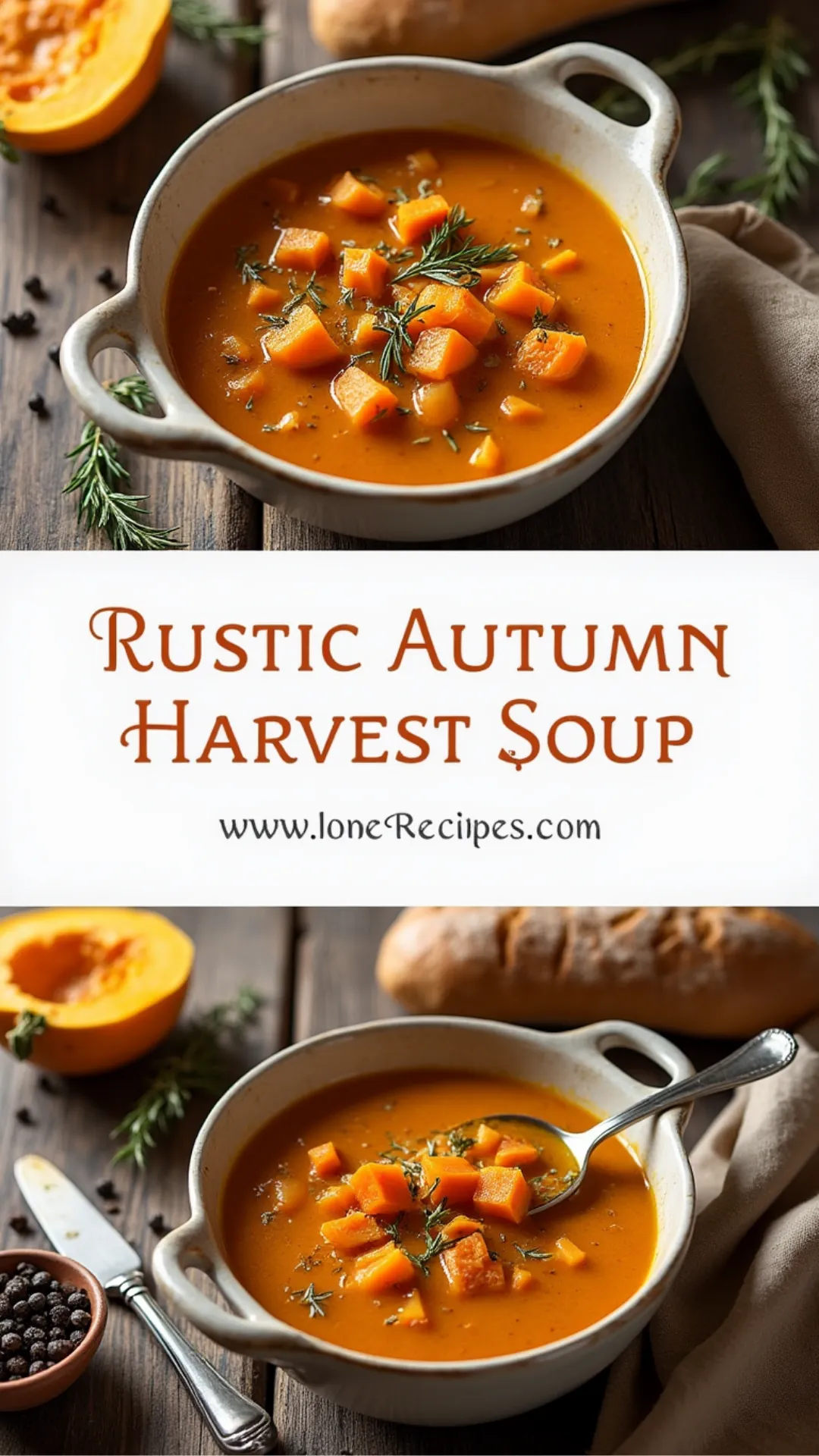 Homemade autumn soup with vibrant orange color, garnished with fresh herbs and served in a rustic bowl alongside crusty bread.