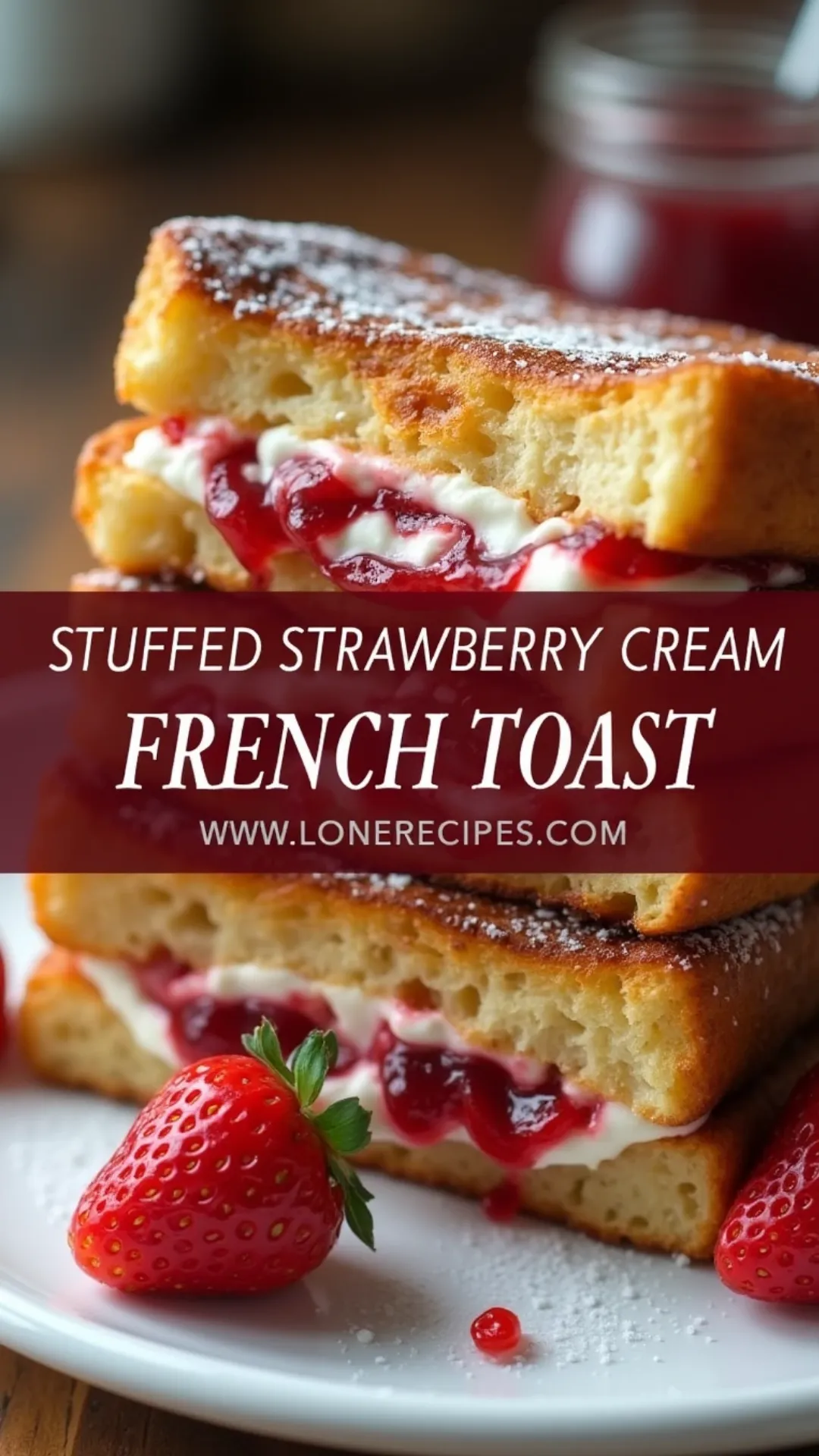 Crispy stuffed French toast with cream cheese and strawberry jam on white plate with fresh berries