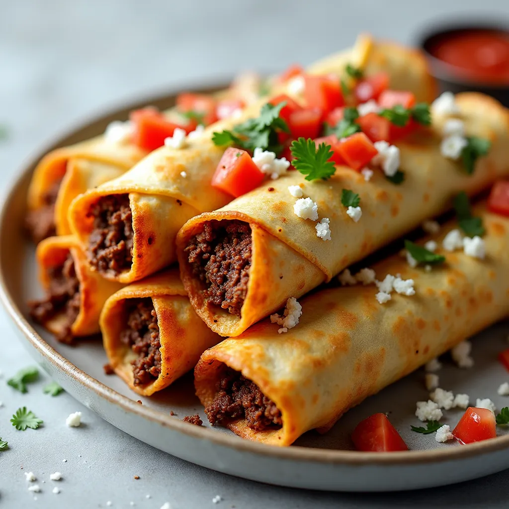 Golden corn tortillas rolled around seasoned ground beef, baked until crispy and garnished with tomatoes and cilantro.