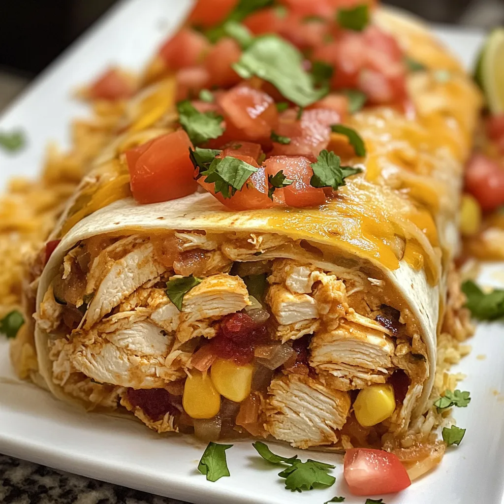 Close up view of loaded chicken burritos with black beans rice and fresh cilantro garnish