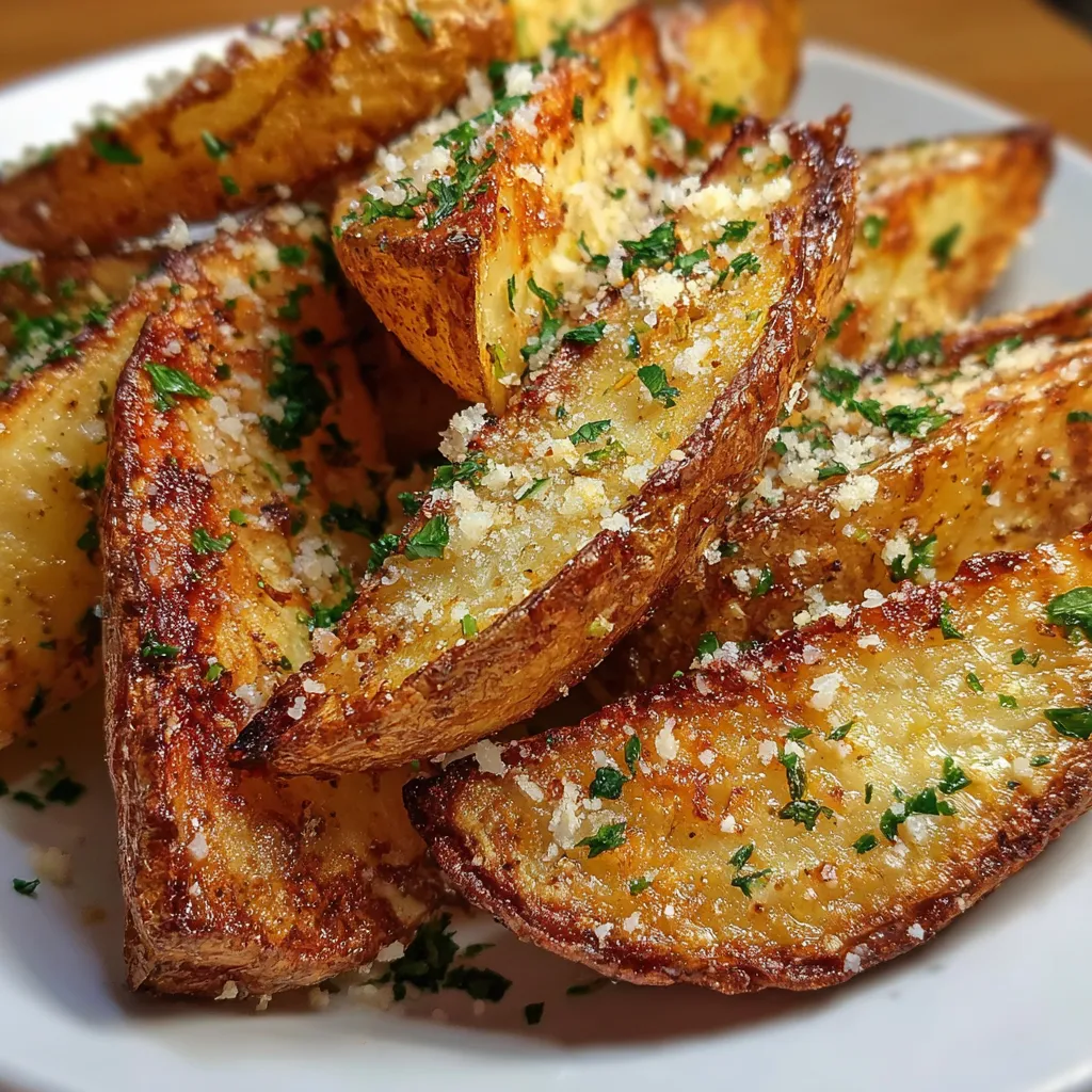 Perfectly roasted garlic parmesan potato wedges with crispy edges and fluffy interior
