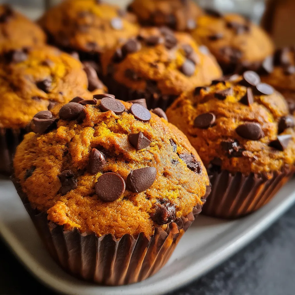 Golden pumpkin muffins topped with chocolate chips in brown paper liners