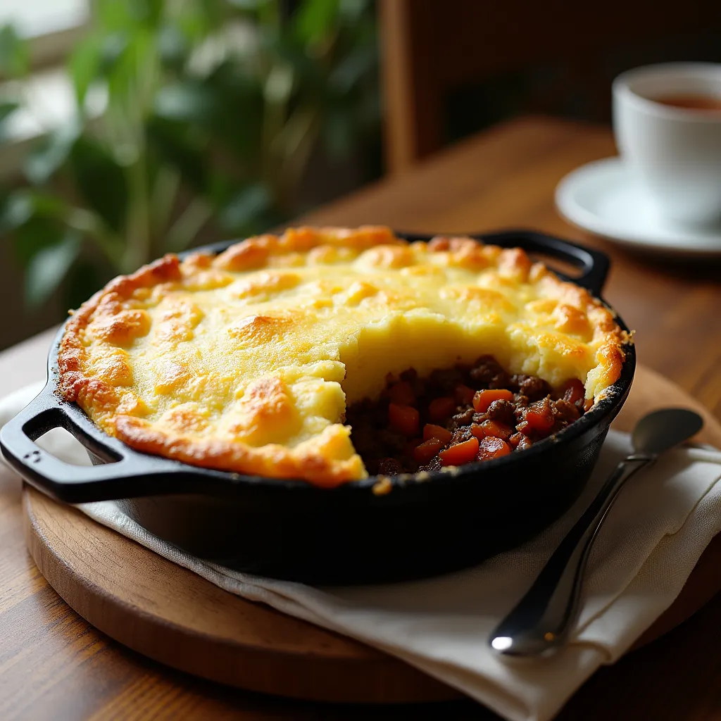 Traditional British comfort food featuring minced lamb and vegetables topped with crispy mashed potatoes