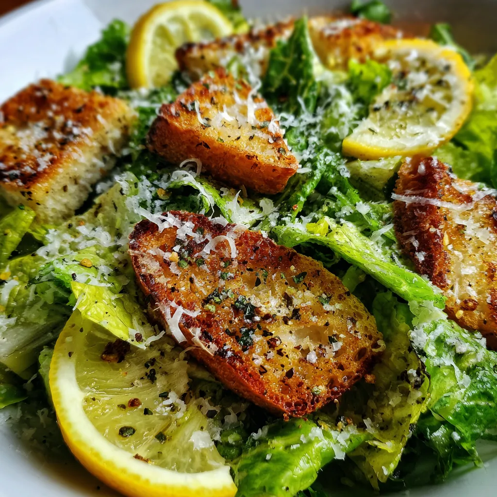 Homemade lemon parmesan salad with mixed greens and crunchy bread croutons ready to serve