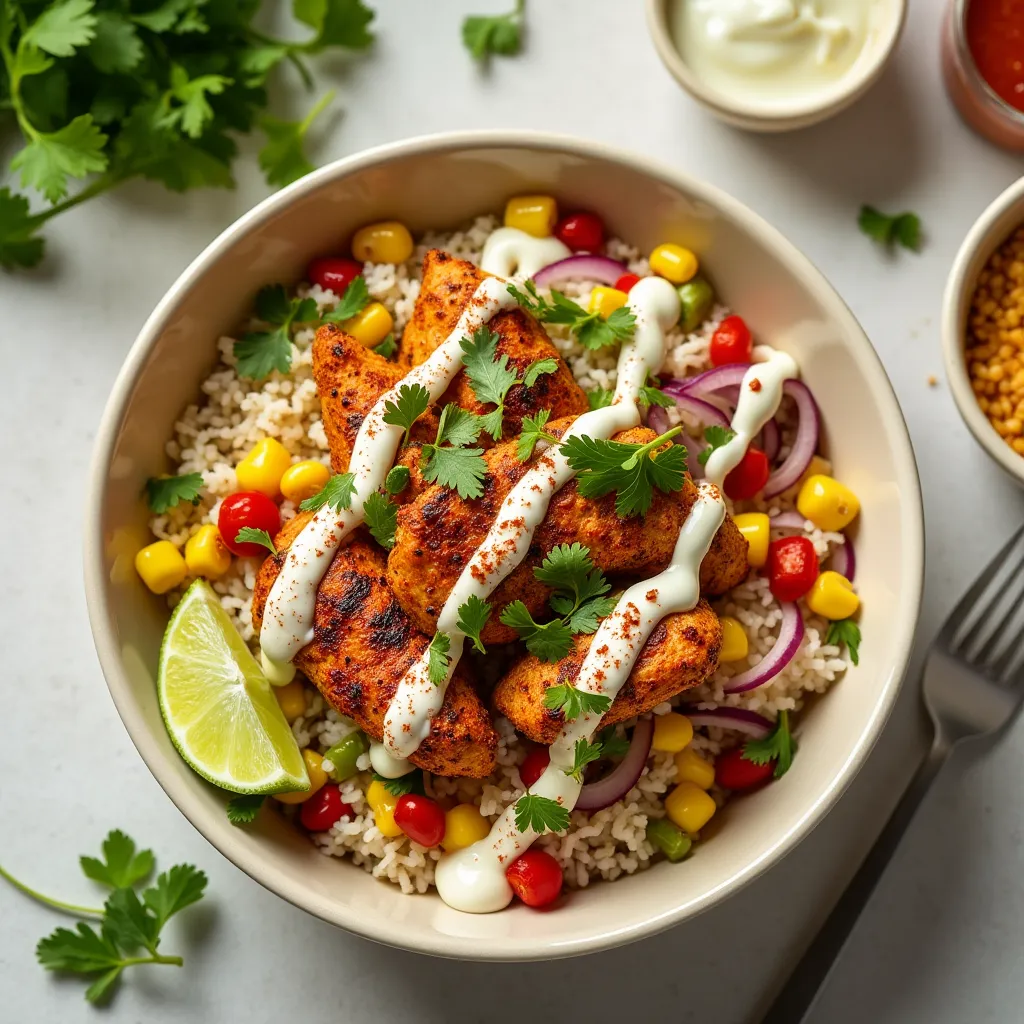 Vibrant rice bowl topped with spiced chicken, corn kernels, and fresh herbs