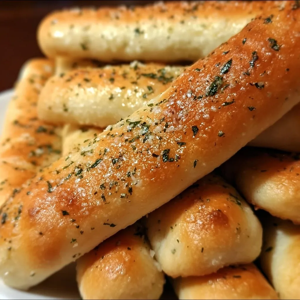 Soft fluffy restaurant style breadsticks with herb seasoning and butter glaze on baking sheet