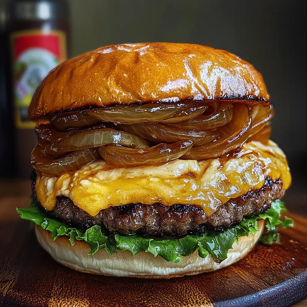 Close-up of juicy beef burger topped with golden caramelized onions and fresh lettuce