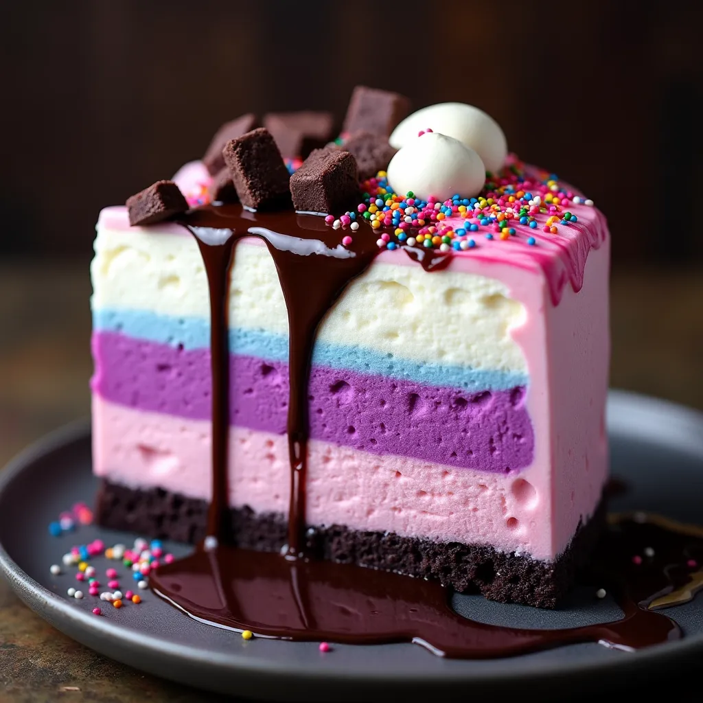 Vibrant pink, purple, blue and white ice cream layers on chocolate base