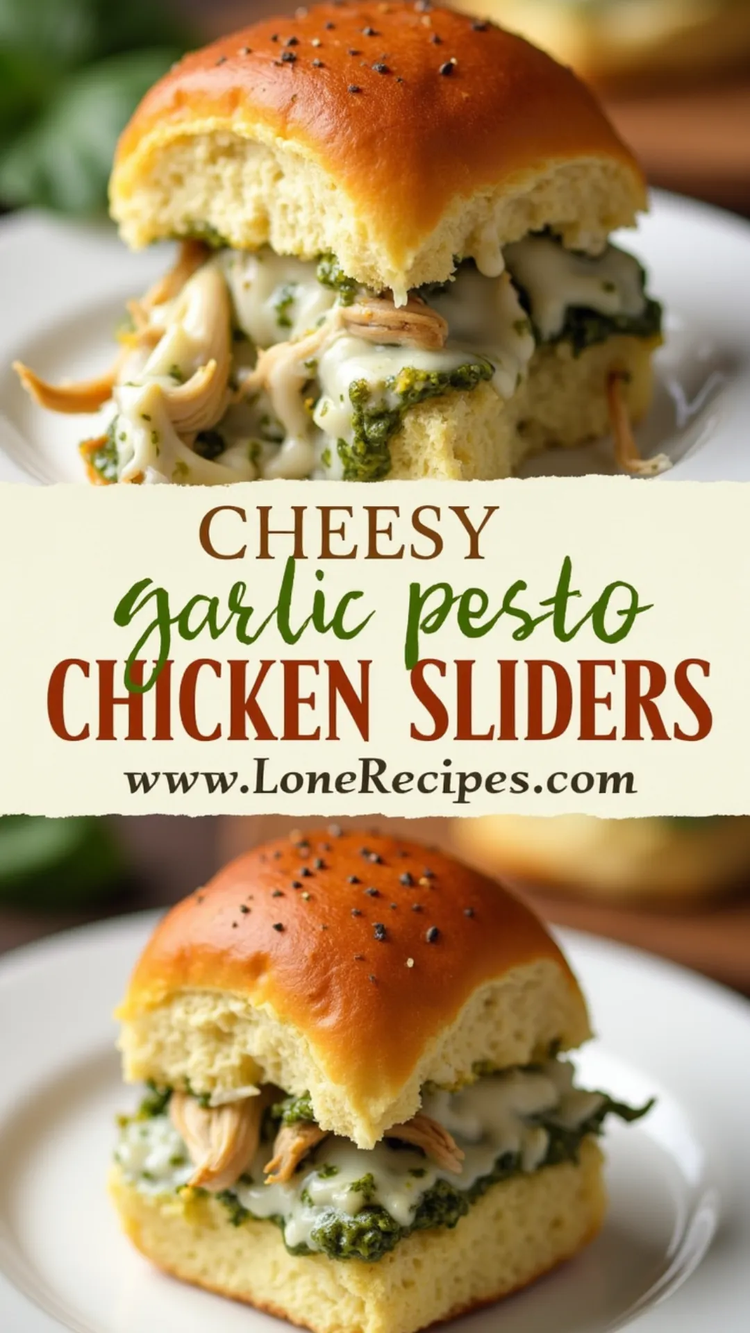Golden brown slider buns filled with shredded chicken, vibrant pesto, and melted mozzarella cheese for the perfect appetizer