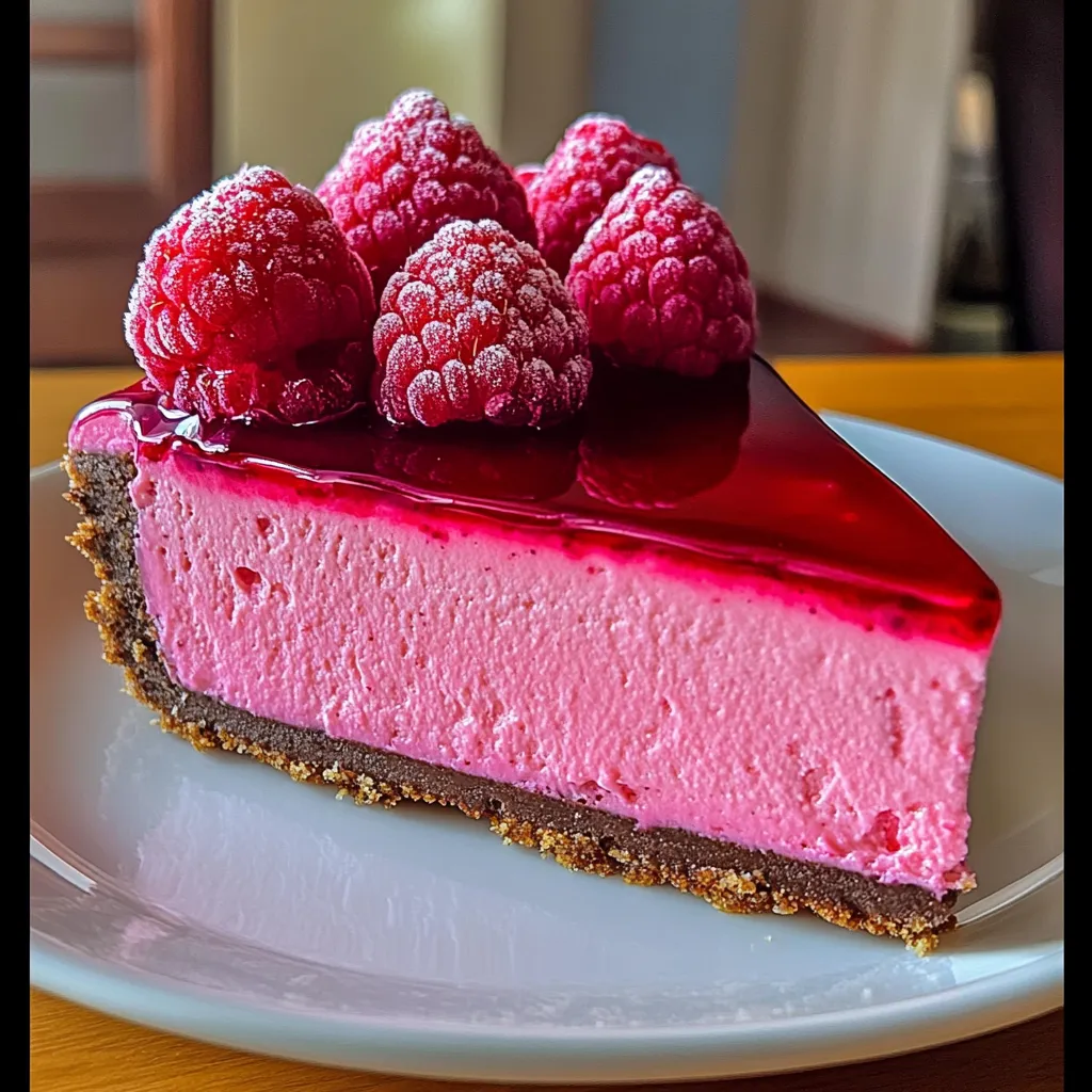 Beautiful slice of pink raspberry cheesecake with fresh berries and chocolate crust