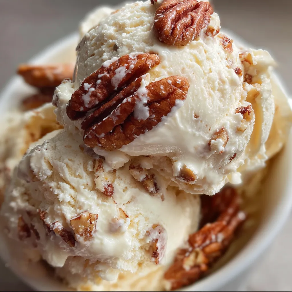 Scoops of homemade pecan ice cream showing chunky nuts and smooth vanilla base