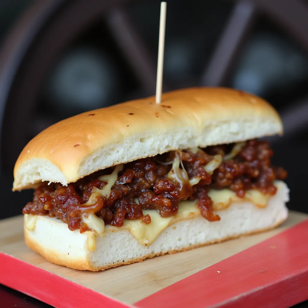 Delicious pulled beef slider with caramelized BBQ sauce and gooey cheese on a buttery roll