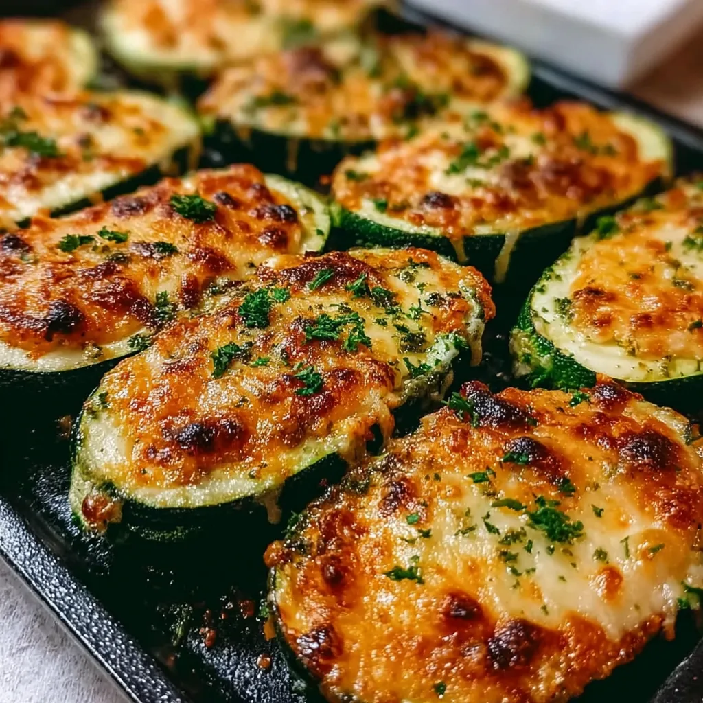 Crispy stuffed zucchini halves with bubbly cheese topping garnished with parsley