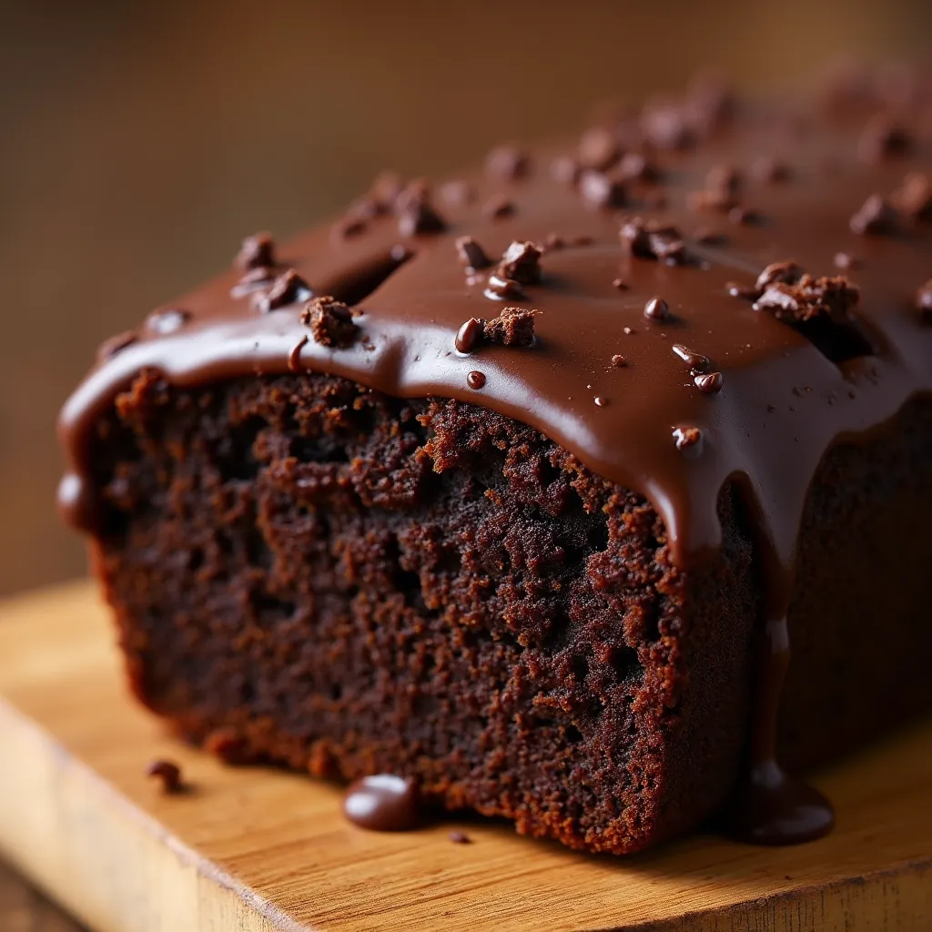 Decadent fudgy chocolate brownie bread with glossy chocolate ganache and dense moist texture.
