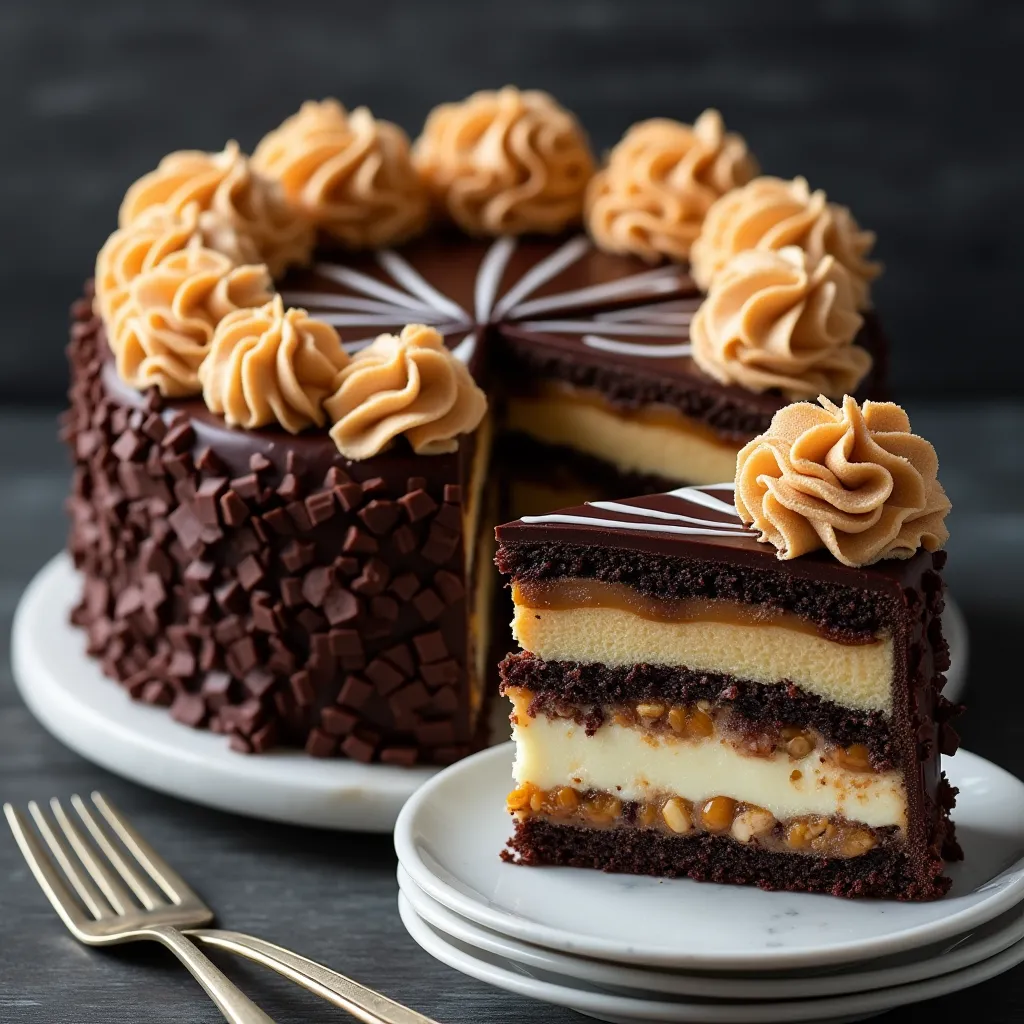 Rich multi-layered chocolate cake with caramel and vanilla fillings, covered in chocolate shards and topped with elegant buttercream swirls.