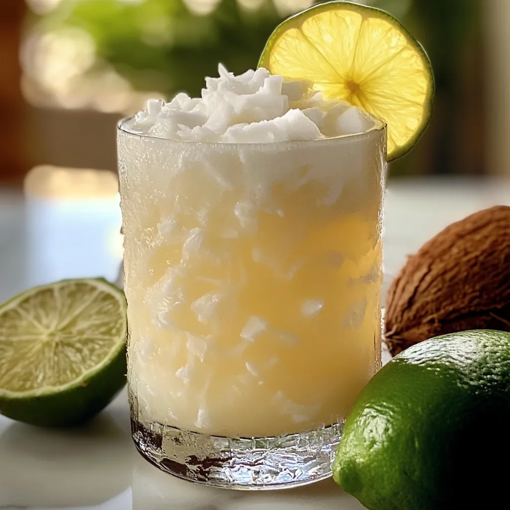 Refreshing tropical drink in glass tumbler with lime wheel garnish surrounded by fresh limes and coconut