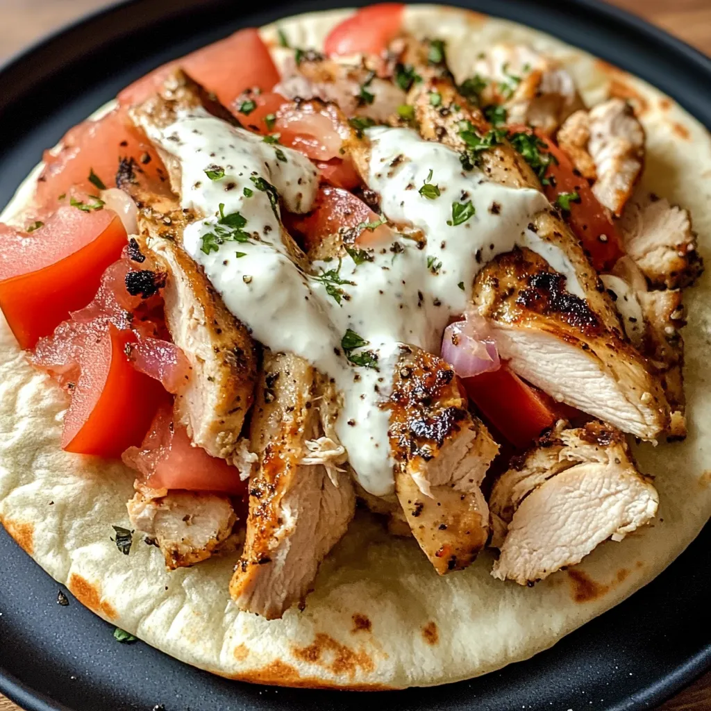 Authentic homemade chicken gyros featuring perfectly seasoned grilled chicken, red onions, tomatoes, and thick tzatziki sauce