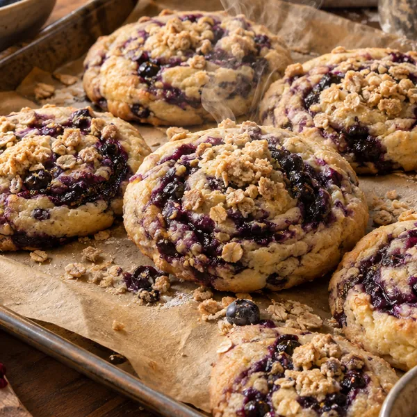 Close-up of glossy blueberry swirls and crunchy oat crumble