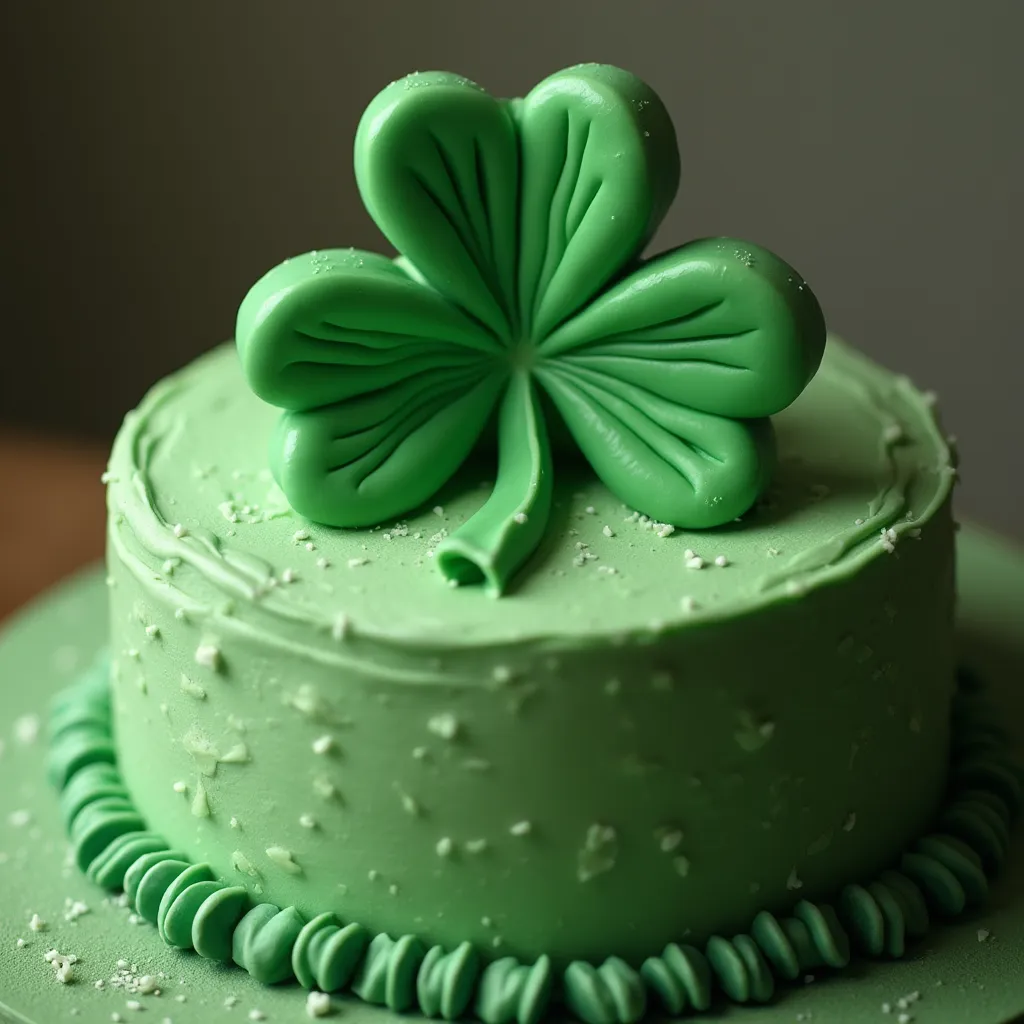 Festive mint-flavored cake with vibrant green frosting and shamrock topper