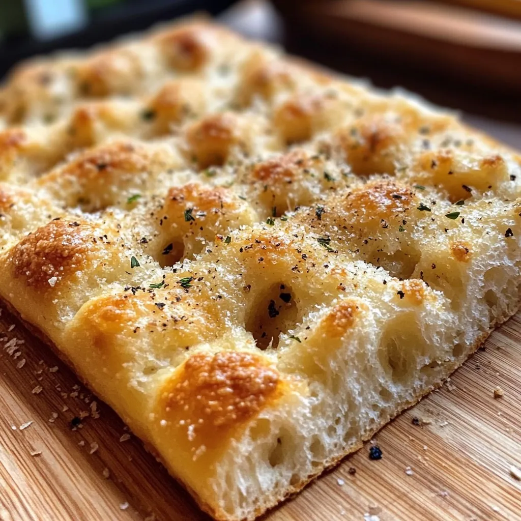 Homemade Italian focaccia with melted cheese herbs and garlic golden brown artisan bread