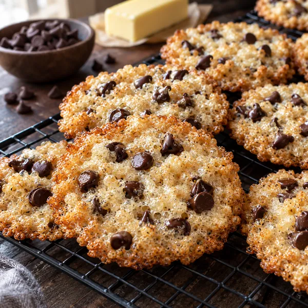 Golden lacy Rice Krispie cookies studded with melty chocolate chips