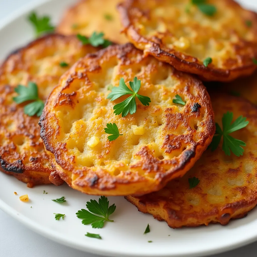 Traditional German potato pancakes with perfectly caramelized edges and parsley garnish
