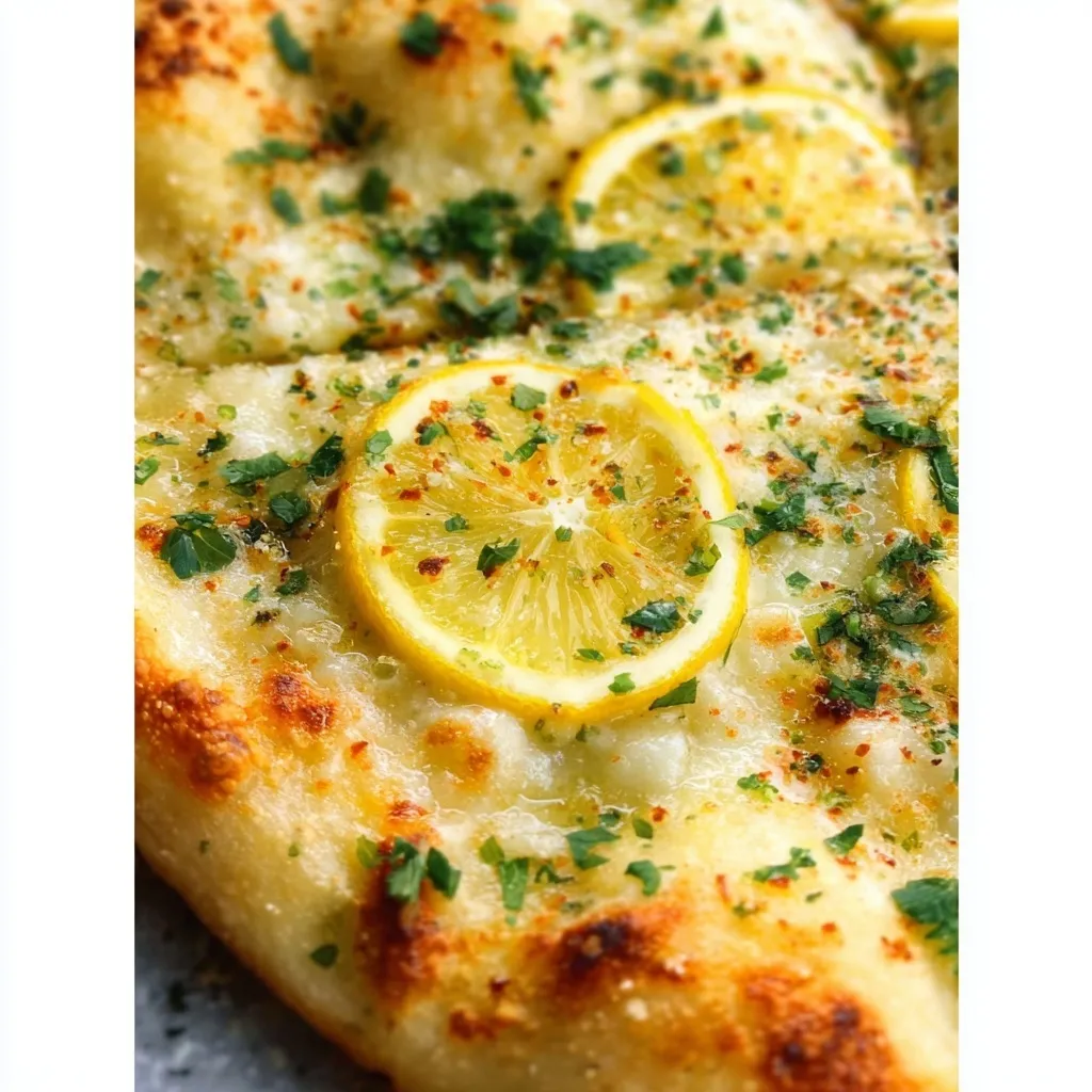 Golden summer lemon pizza topped with fresh lemon slices herbs and melted cheese on crispy crust