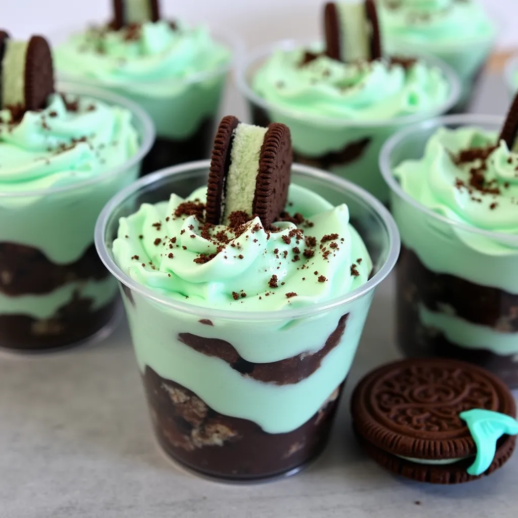 Creamy mint chocolate parfaits in clear cups topped with cookie crumbles and sandwich cookies