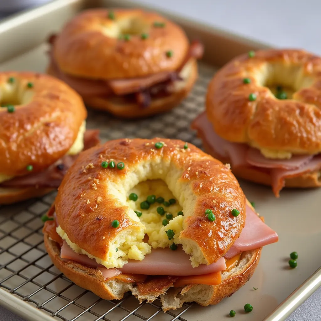 Homemade breakfast bagel sandwiches featuring soft scrambled eggs, thin ham slices, and fresh chives on a cooling rack.