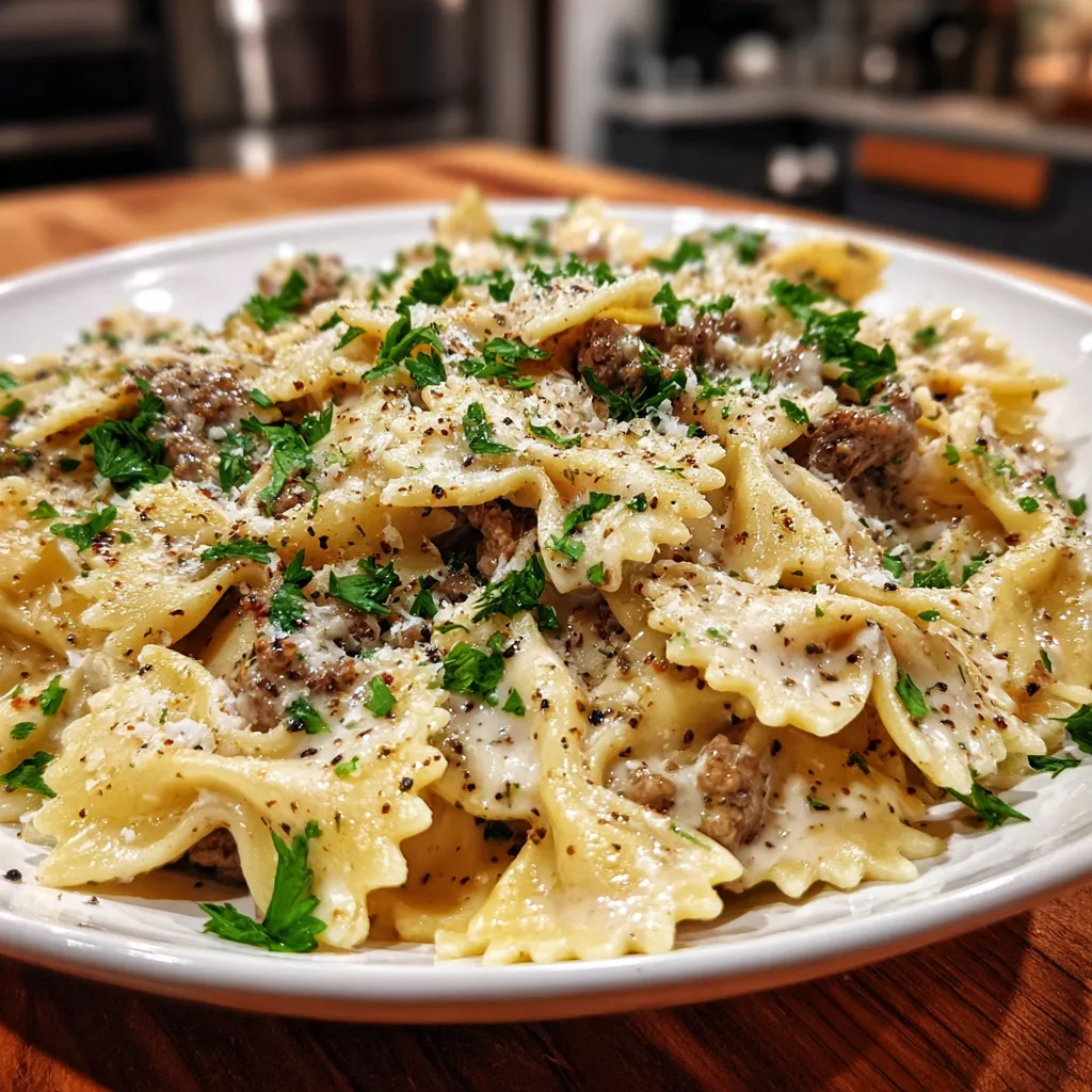 Delicious farfalle pasta with ground beef in creamy garlic parmesan sauce