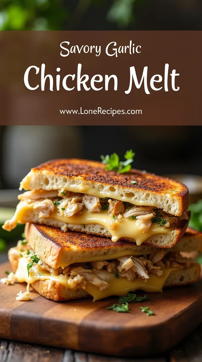 Homemade chicken melt with caramelized onions and fresh herbs on rustic wooden board