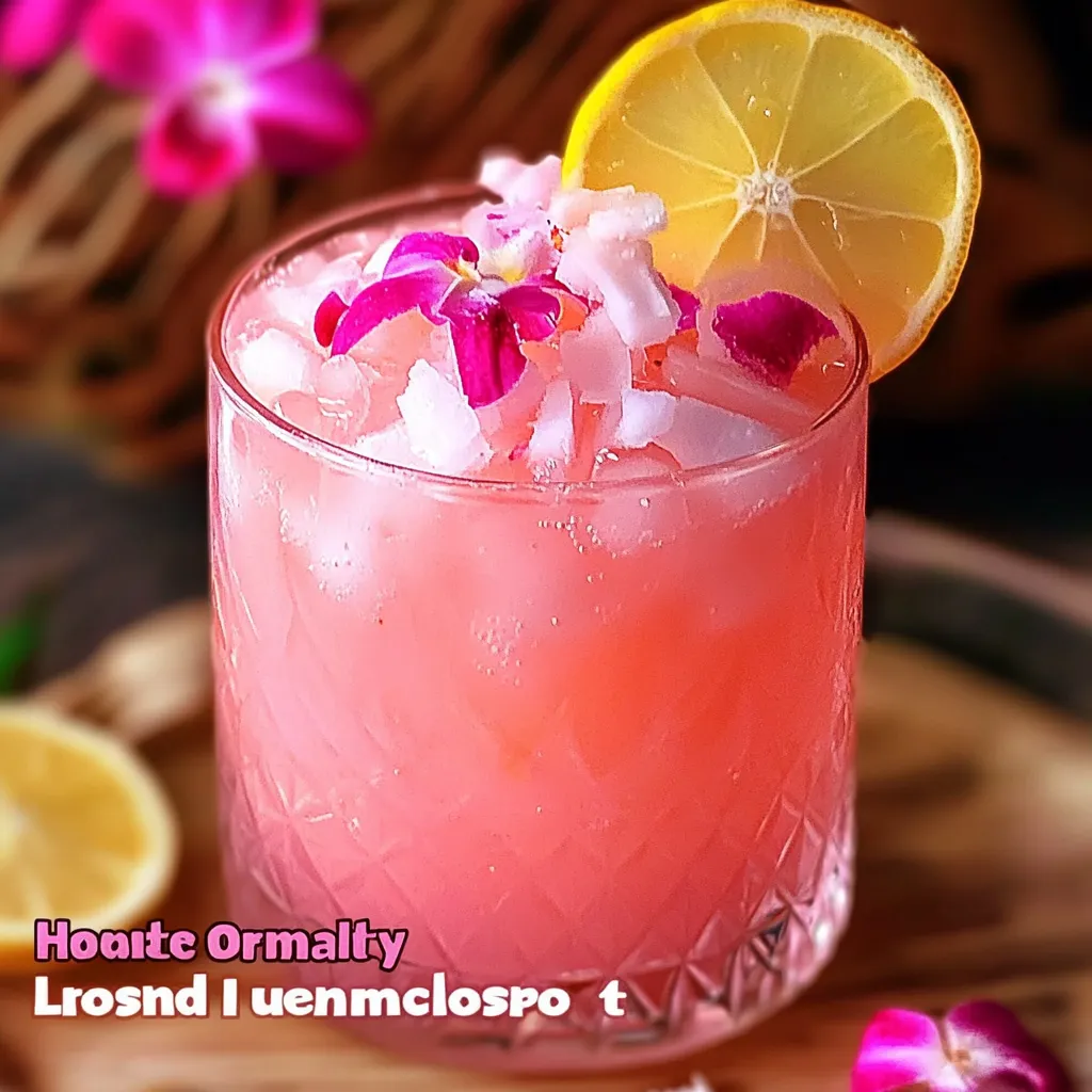 Beautiful pink coconut rum punch in glass with pineapple crown garnish and maraschino cherry