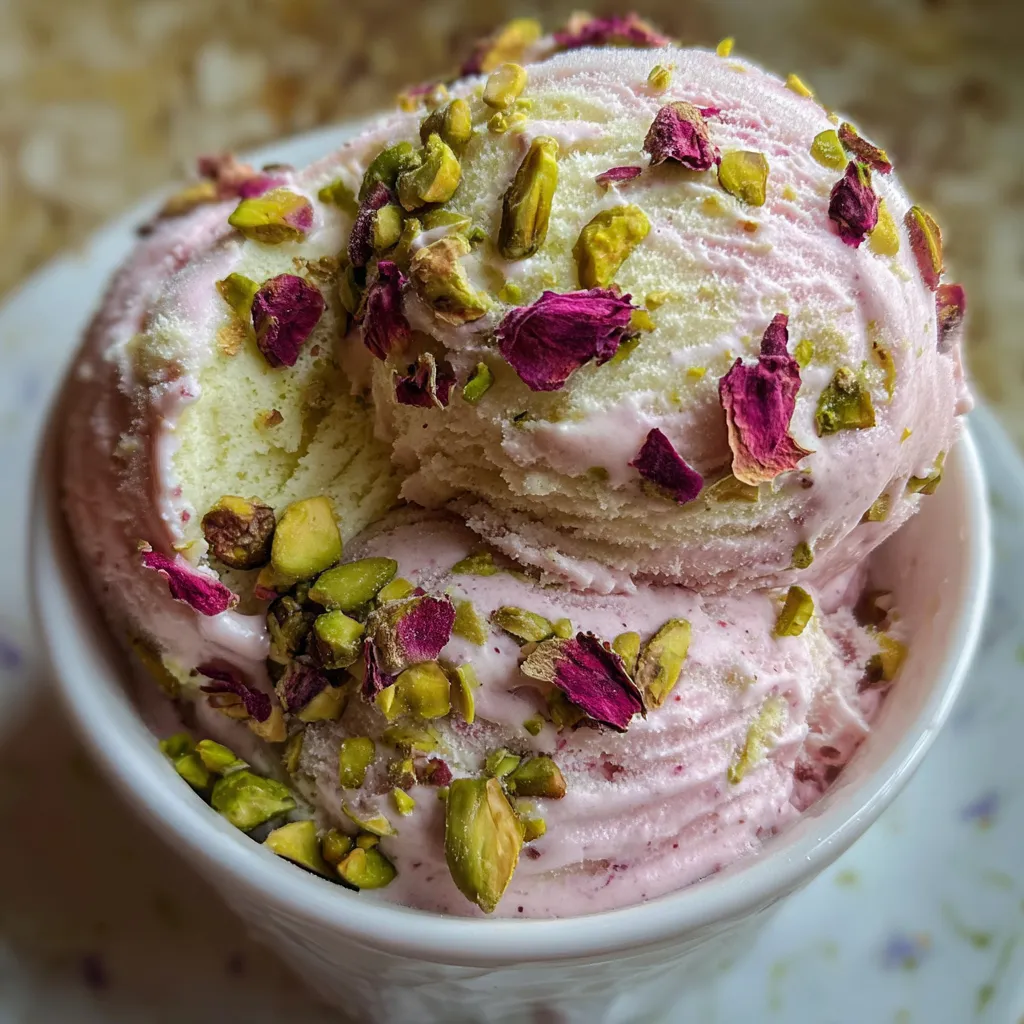 Elegant homemade rose flavored ice cream with beautiful pink swirls and pistachio garnish on marble surface