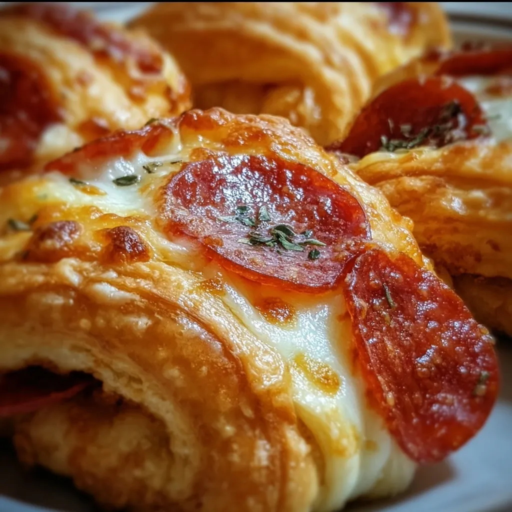 Homemade croissant rolls stuffed with pepperoni and mozzarella cheese baked to perfection