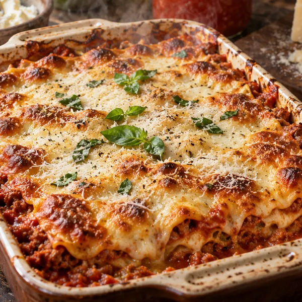 Close-up of cheese pull and layered ragu with creamy béchamel