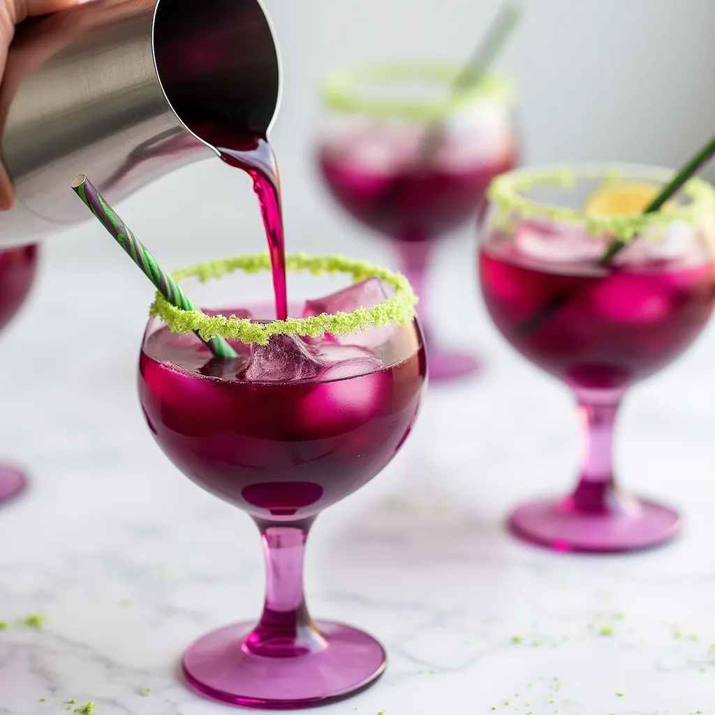 Magenta berry cocktail in stemless wine glasses with lime green rims and colorful striped straws