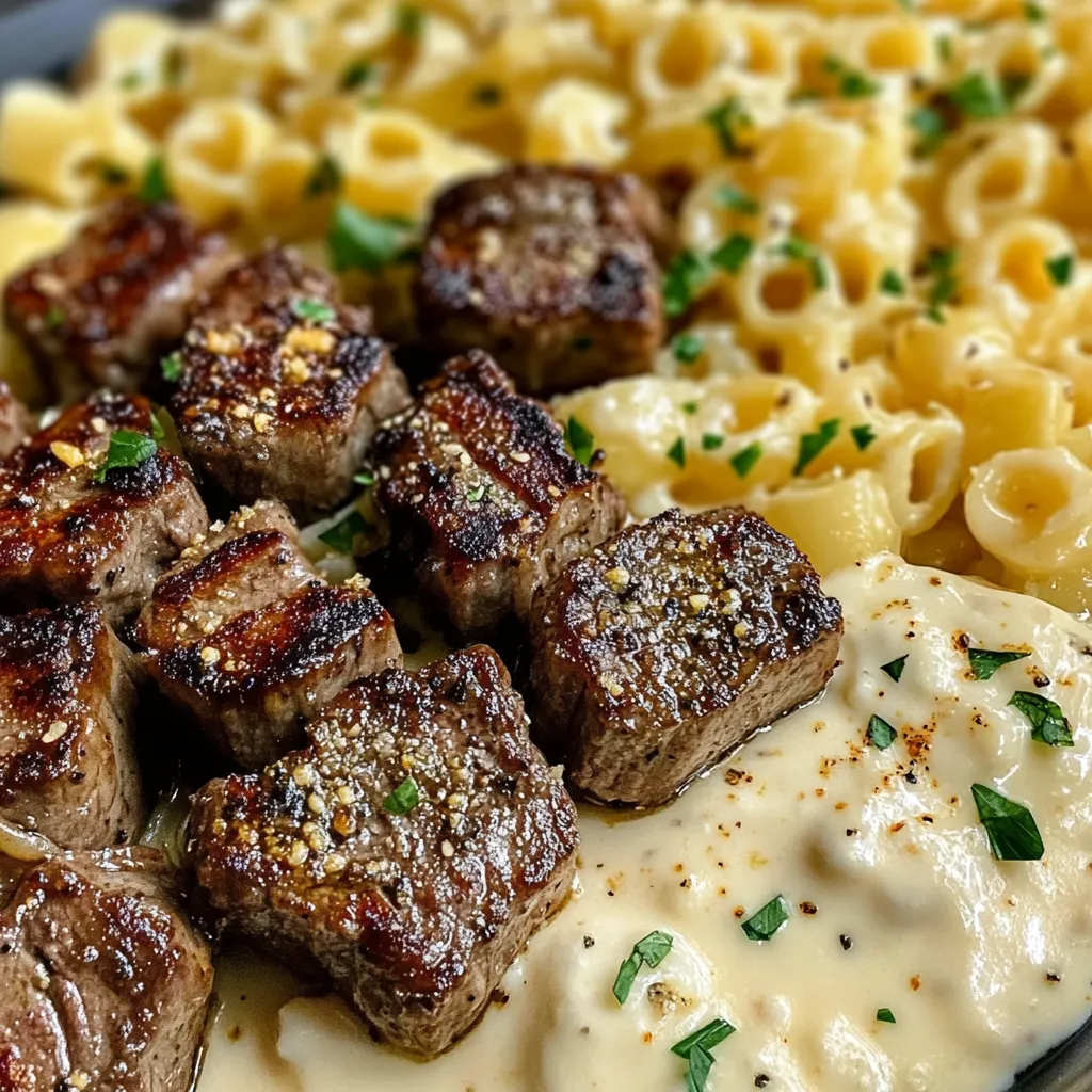 Golden seared steak bites with garlic butter glaze served with creamy parmesan pasta