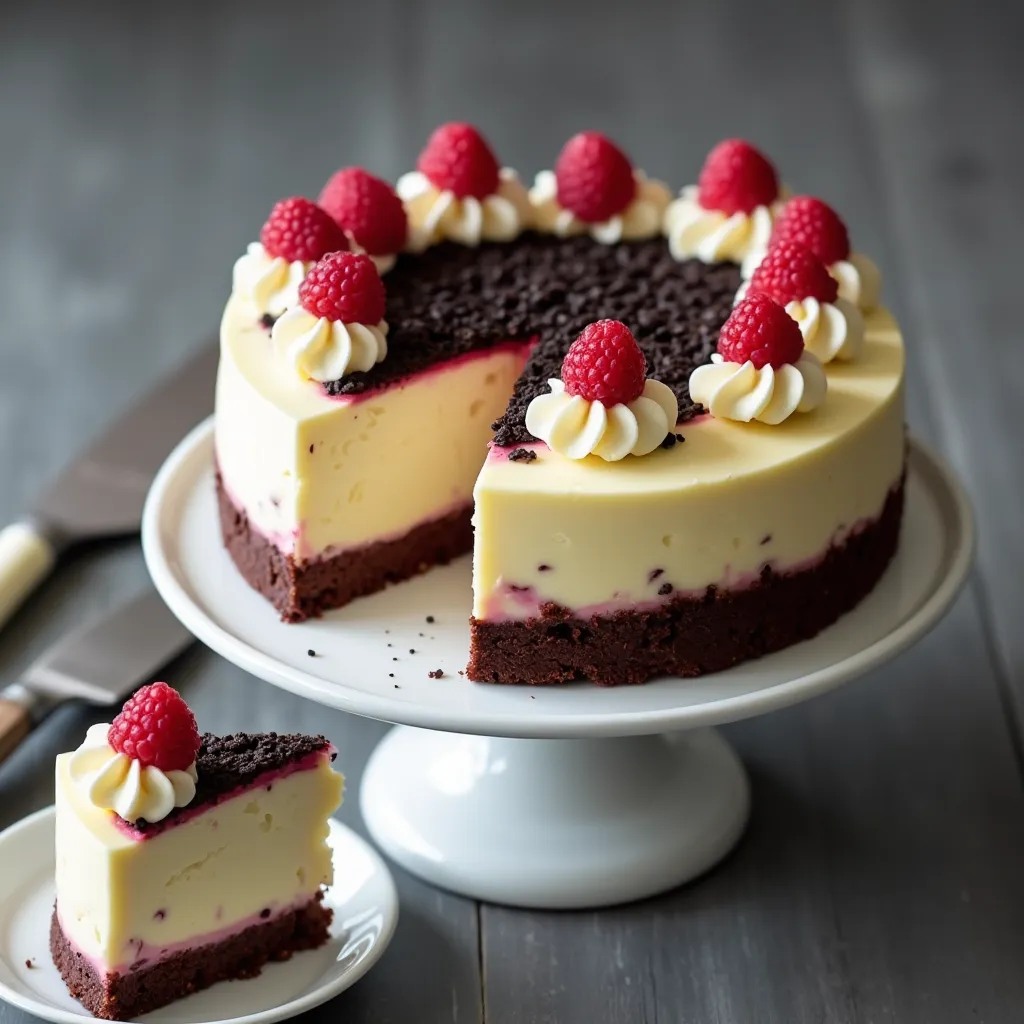 Decadent chocolate base cheesecake with fresh raspberries and cream topping
