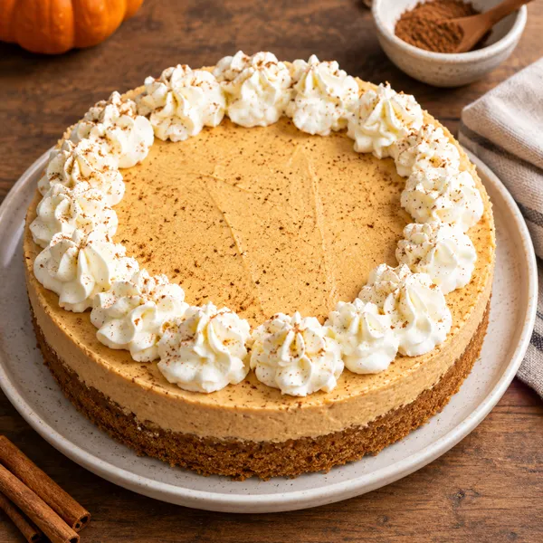 Silky no bake pumpkin cheesecake with whipped cream rosettes and cinnamon dusting