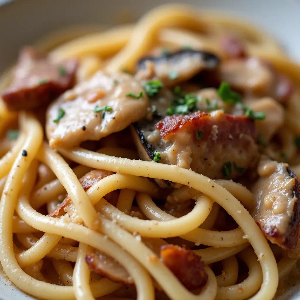 Hearty Italian bucatini carbonara loaded with mushrooms, chicken and smoky bacon for the perfect dinner