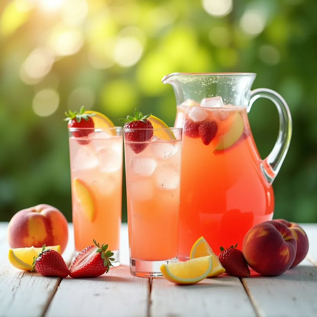 Summer fruit lemonade with peaches and strawberries served in tall glasses with ice cubes