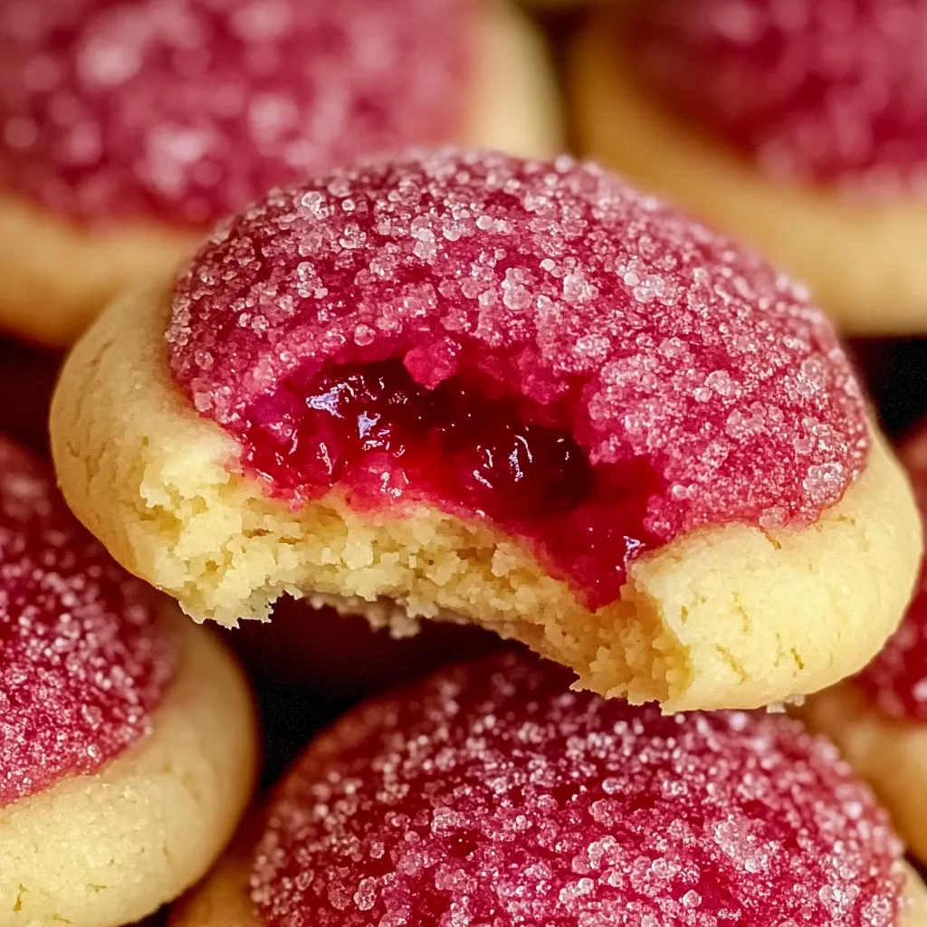 Homemade raspberry jam filled cookies with pink sparkling sugar on golden base