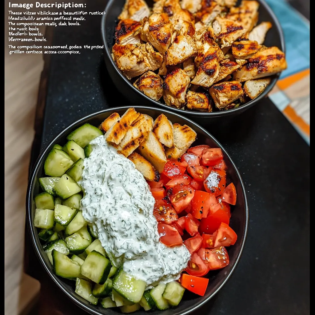 Vibrant Mediterranean chicken tzatziki bowls with golden grilled chicken, fresh cucumbers, tomatoes, creamy tzatziki sauce and warm pita bread in rustic dark bowls